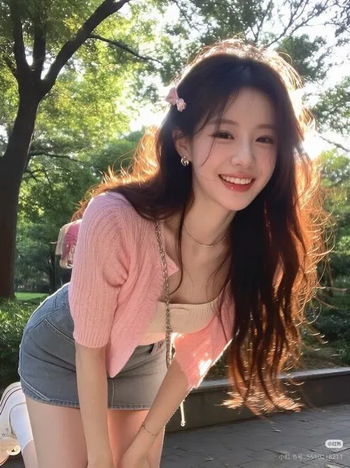 6 Hot girl cúi người dưới nắng công viên với áo hồng tay ngắn tóc xoăn buông lơi mang vẻ trẻ trung cuốn hút