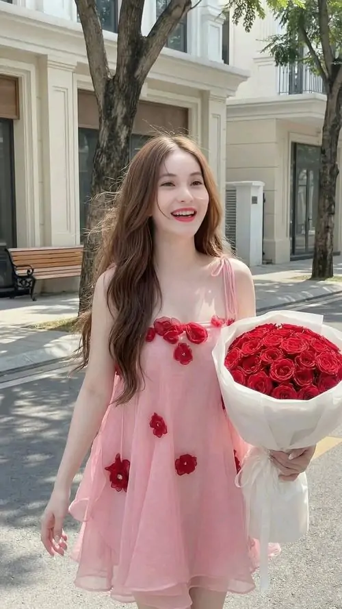 9 Trước hiên nhà, cô gái xinh cầm bó hoa đỏ trong váy lưới hồng, tổng thể pinky làm nụ cười thêm sáng