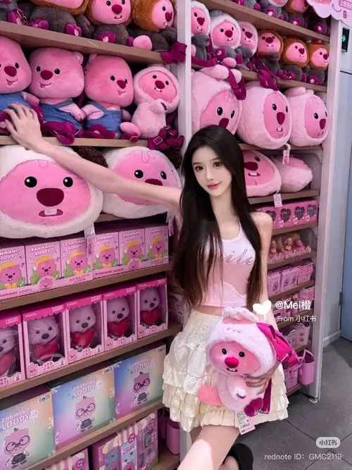 11 Giữa gian hàng thú bông, ảnh gái xinh diện đồ hồng ôm gấu nhỏ, không khí pinky rất hợp kiểu chụp vui mắt