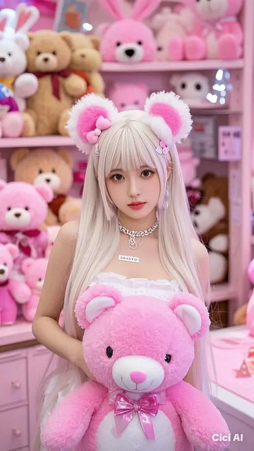 19 Giữa kệ gấu bông, nàng xinh tóc sáng ôm thú lớn trước phông hồng, không khí pinky làm ảnh cực bắt mắt