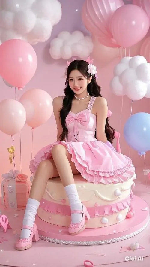 24 Bên cụm bóng bay, gái xinh ngồi trên bánh kem mô hình với váy hồng, tổng thể pinky làm ảnh thêm trẻ trung