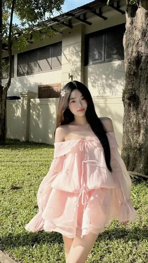 3 Bên tường cũ, nàng thơ cute trong set pinky pastel vai trần, tóc dài buông thẳng làm ảnh nhìn nữ tính
