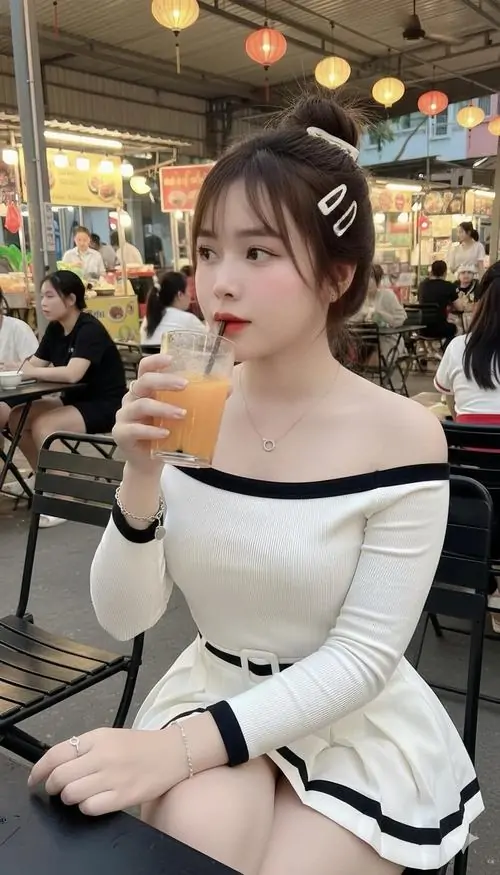 18 Ngồi trong quán đông người, cô nàng diện váy ôm body tông kem đen hở vai tinh tế, tư thế khép chân gọn và mái tóc buộc nhẹ tạo tổng thể sexy, sang chảnh và rất hợp phong cách nữ tính