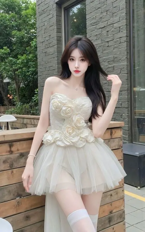 25 Hình cô nàng trong váy công chúa màu kem trên bậc thềm đá, tay đặt hông nhẹ và thân váy bồng tạo cảm giác tiểu thư, khung hình vừa dễ thương vừa quyến rũ nhờ biểu cảm rất tự tin