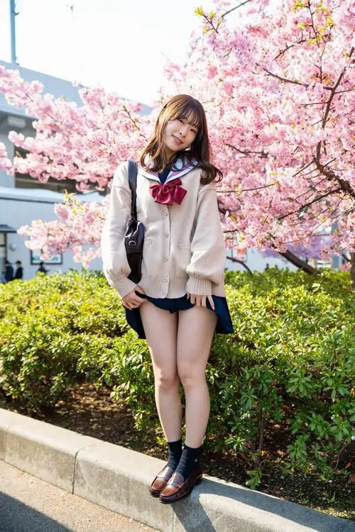 1 Giữa lối hoa nở ảnh gái xinh diện váy ngắn cùng áo khoác sáng màu khoe đôi chân thon và nét trẻ trung rất dễ mến