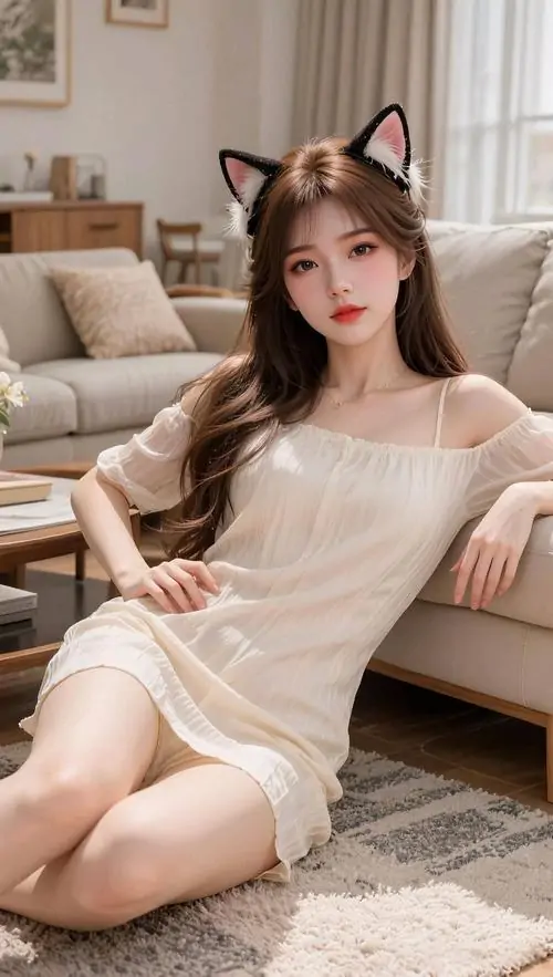 24 Tựa bên sofa thiếu nữ dễ thương diện váy kem ngắn trễ vai cho tổng thể nữ tính và làn chân trông càng thanh thoát