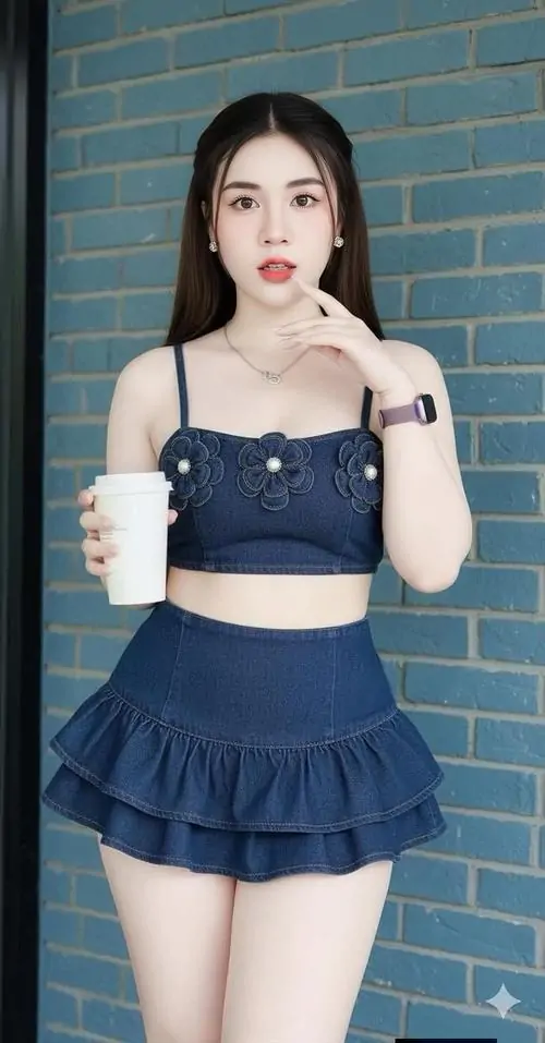 28 Trước mảng gạch xanh bóng hồng diện váy xanh ngắn hai dây nổi bật vòng eo gọn và phần chân trông càng dài