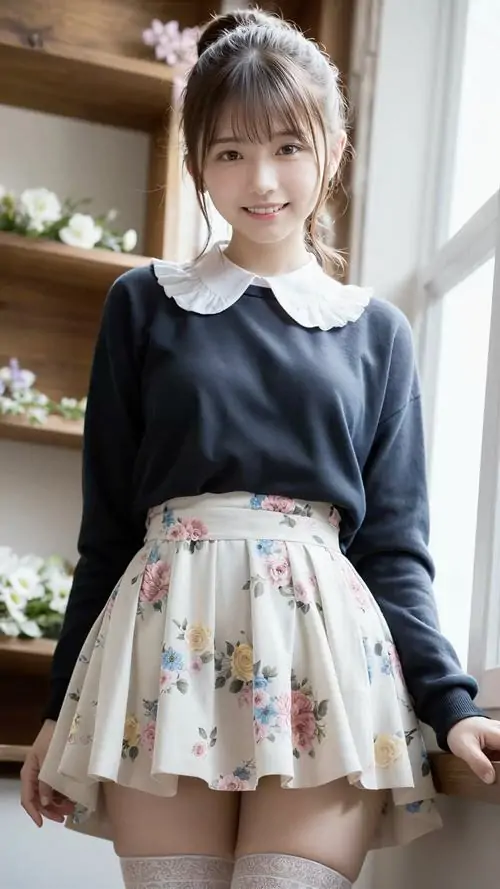 32 Bên cửa sổ gái đẹp diện áo len đen cùng váy hoa ngắn tạo sắc thái dịu dàng pha chút cổ điển rất cuốn mắt