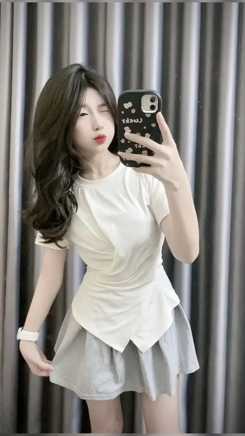 35 Nàng thơ cute trong váy học đường xếp ly ngồi bên ghế gỗ tay ôm túi đeo vai gợi nét nữ tính và thanh xuân vườn trường