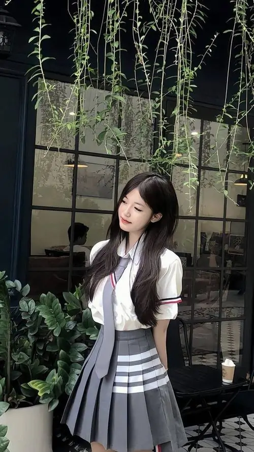 5 Ảnh cô gái mặc váy xếp ly ngắn cạp cao kết hợp áo len mỏng ngồi bậc thềm đá làm bật lên vòng eo thon gọn