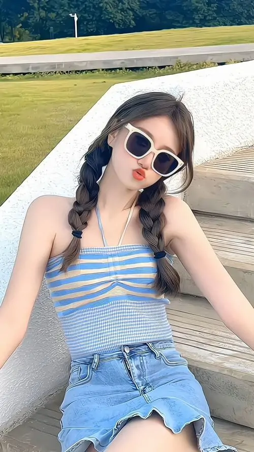 1 Ảnh gái xinh mặc áo hai dây kẻ xanh và chân váy jean ngồi ngoài trời nắng nhẹ, cô nàng đeo kính đen nghiêng người trên bãi cỏ, tóc tết hai bên tăng nét cá tính, tổng thể tươi vui mà vẫn rất cuốn