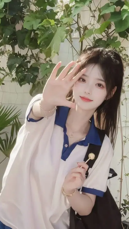 12 Gái đẹp mặc đồng phục sáng màu giữa mảng lá xanh nụ cười nhẹ và biểu cảm tinh tế rất dễ mến