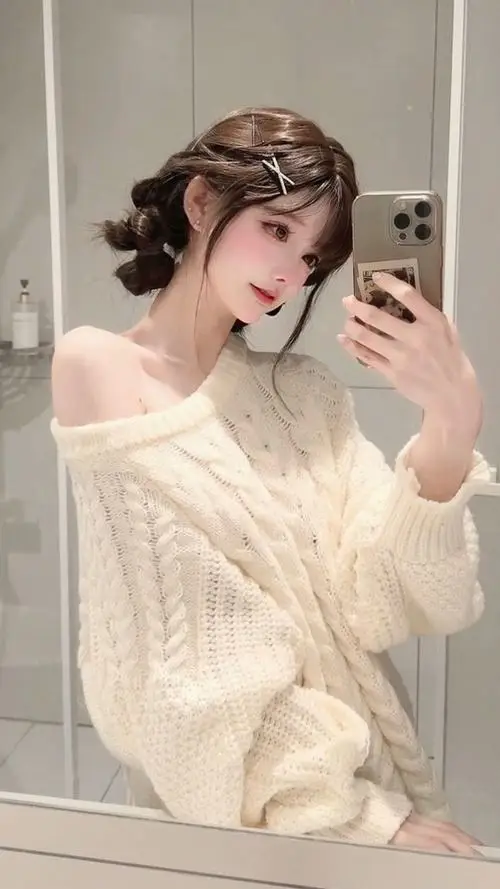 23 Gái đẹp chụp gương trong áo len kem tóc búi thấp tông ảnh sạch tạo cảm giác tinh tế và gần gũi