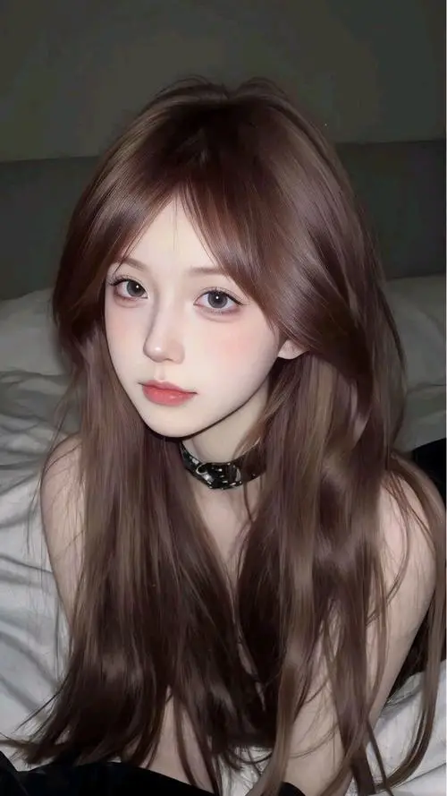 25 Thiếu nữ dễ thương tóc nâu dài choker đen nhìn thẳng ống kính làm nổi bật đôi mắt long lanh