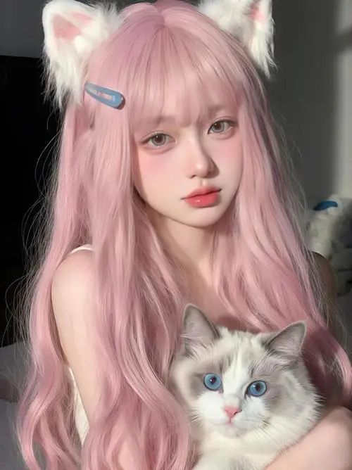 29 Nàng thơ cute tóc hồng tai mèo ôm mèo con trong phòng sáng mang hơi hướng kawaii girl rất nổi bật