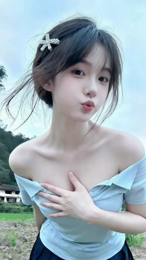 16 Quyến rũ kiểu Nhật với áo xanh nhạt trễ vai tay đặt trước ngực biểu cảm chu môi làm bức hình thêm đáng yêu.