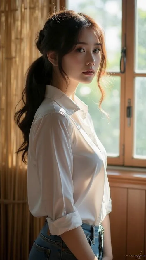 29 Nàng thơ cute kiểu Nhật mặc sơ mi trắng mỏng hờ hững trước cửa gỗ làm ngực thấp thoáng và ánh nhìn thêm mềm mại.