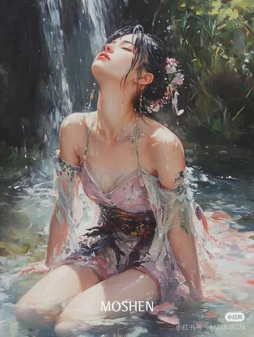 8 Quyến rũ giữa làn nước với váy mỏng ôm ngực, nàng ngước mặt đón sáng kiểu Nhật làm bức ảnh thêm mướt mắt.