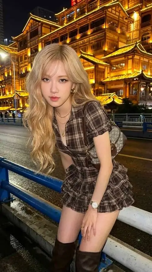 2 Trong khung đêm vàng rực, cô gái tóc sáng mặc váy ngắn ôm dáng tựa lan can, đôi chân dài và nụ cười nhẹ làm bộ ảnh gái đẹp đỉnh cao hiện lên ngầu mà vẫn gần gũi, lên hình rất bắt mắt