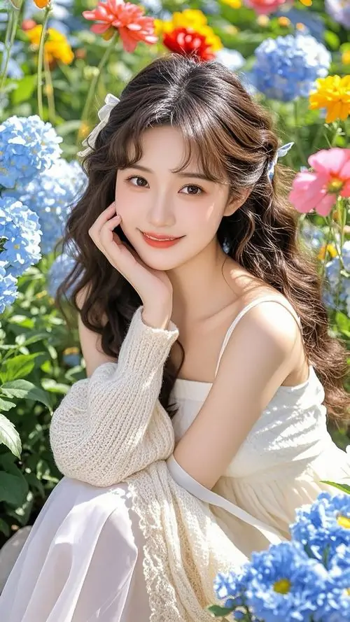 6 Cô gái ngồi giữa cụm hoa xanh trắng, váy sáng màu ôm dáng nhỏ nhắn, hai tay áp má cười ngọt, làm ảnh gái xinh đẹp nhất thế giới hiện lên dễ thương, dịu mắt và có khí chất vừa sang vừa gần