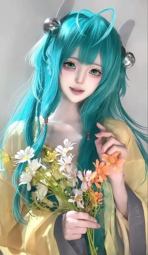 13 Waifu đời thực với tóc xanh ngọc dài bồng nhẹ cầm hoa trước ngực tạo hình mềm mại và ánh nhìn trong veo đầy mộng