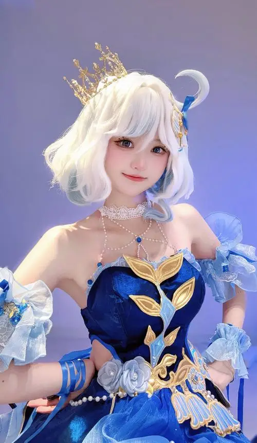 22 Waifu đời thực trong váy xanh vàng cúp ngực với tóc trắng ngắn và vương miện nhỏ tạo hình sáng bừng trước nền tím