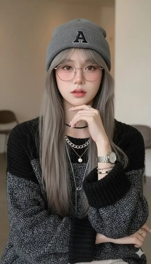 10 Cô gái đội beanie xám, mặc áo khoác tối và ngồi gọn trước nền trong nhà, kiểu pose chạm nhẹ cổ áo giúp bức hình lên đúng tinh thần ảnh nữ ngầu, thêm chút tông màu lạnh khiến tổng thể trông càng cá tính