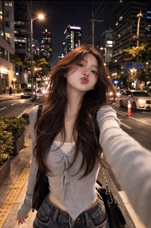 17 Ảnh girl selfie giữa phố sáng đèn, tóc dài nâu đỏ bay nhẹ và áo xám ôm eo khiến tổng thể vừa nổi vừa sang, điểm hút nằm ở ánh mắt sắc lạnh cùng hậu cảnh thành phố nhiều đốm sáng chuyển động