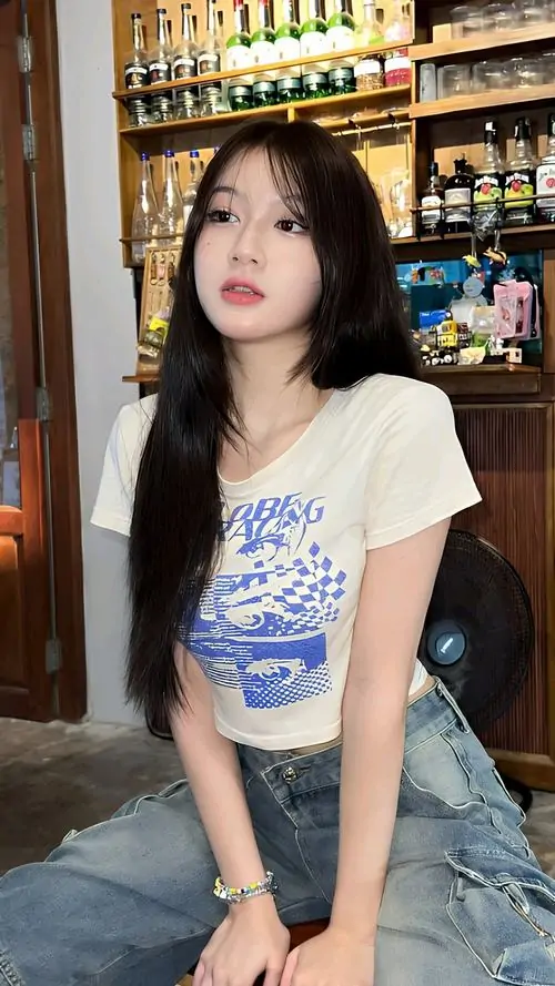 1 Ảnh gái ngồi nghiêng trong quán nước, áo thun trắng in hình phối quần jeans xanh, tóc dài buông thẳng và ánh mắt nhìn lệch máy tạo cảm giác ảnh nữ ngầu vừa gần gũi vừa có chút bí ẩn giữa nền kệ đồ nhiều màu