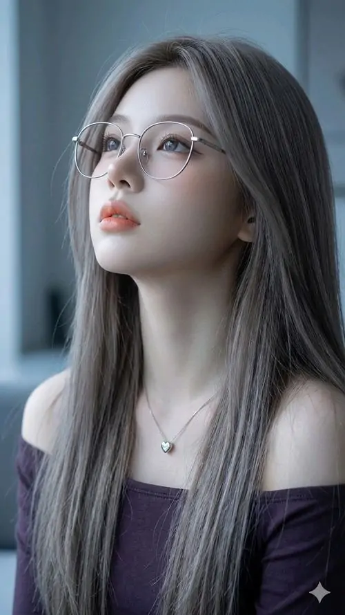 25 Ảnh thiếu nữ nhìn lên phía cửa sổ, tóc xám dài suôn và áo trễ vai tím đậm làm tổng thể thanh nhưng lạ, bức hình mang thần thái cuốn hút nhờ góc nghiêng cao, ánh sáng mềm và nét mặt cực kỳ yên tĩnh