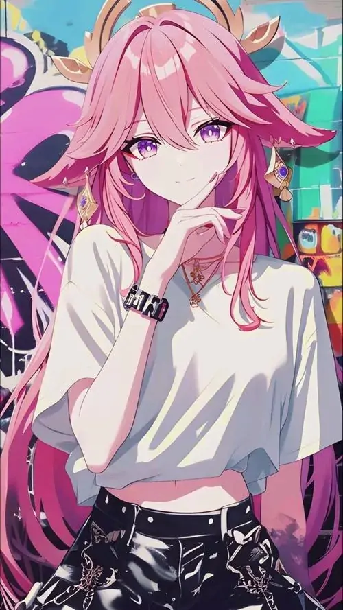 60 Nhân vật tóc xanh cầm đàn điện nghiêng người trên nền màu pop, bố cục tươi vui và nét mặt lanh lợi làm bức hoạt họa đặc biệt hợp người thích ảnh anime ngọt ngào pha chút tinh nghịch trẻ trung