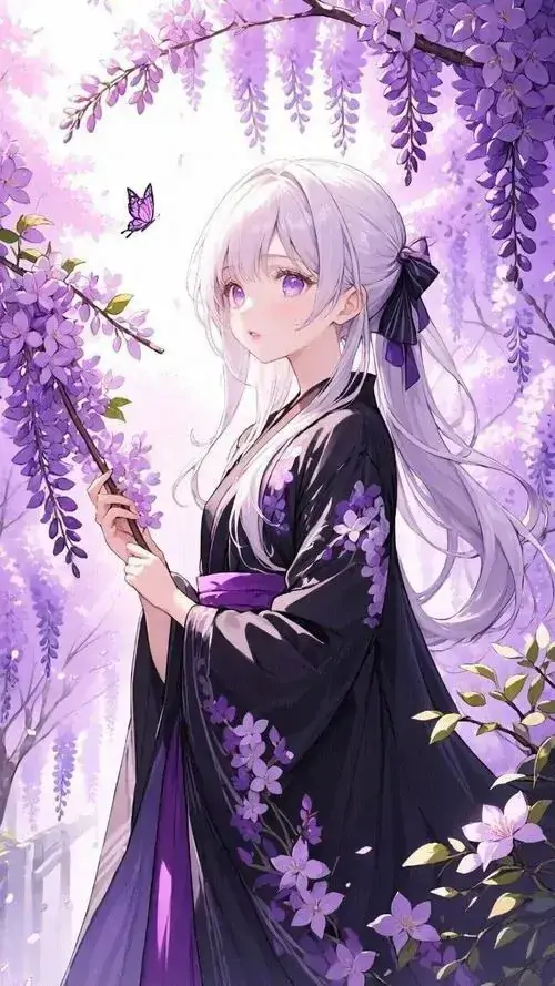 46 Nhân vật nữ trong bộ đồ đỏ trắng đứng giữa quầng sao như bước ra từ lễ hội, lớp áo bay rộng giúp bố cục thoáng và đẹp, hợp với người thích ảnh nền hoạt hình mang cảm giác rộn ràng nhưng vẫn dịu mắt