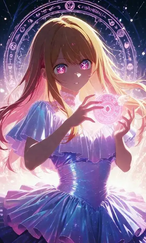 48 Nhân vật tóc hồng bao quanh bởi quầng sáng trái tim hiện lên như búp bê sống, sắc hồng tím hòa vào nhau tạo cảm giác rực rỡ nhưng không gắt, một hình anime xinh xắn giàu độ ngọt cho điện thoại