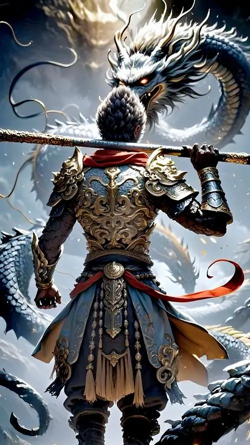 9 Ảnh nền đt Black Myth Wukong ghi lại chiến binh quay lưng cầm gậy Như Ý giữa rồng trắng bay vòng phía sau đầy chất thần thoại gai góc