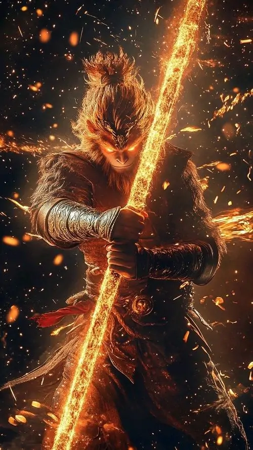 10 Wallpaper dọc Black Myth Wukong chụp cận cây gậy sắt bốc lửa với tia sáng bắn tung mạnh mẽ và đầy khí chất cô độc