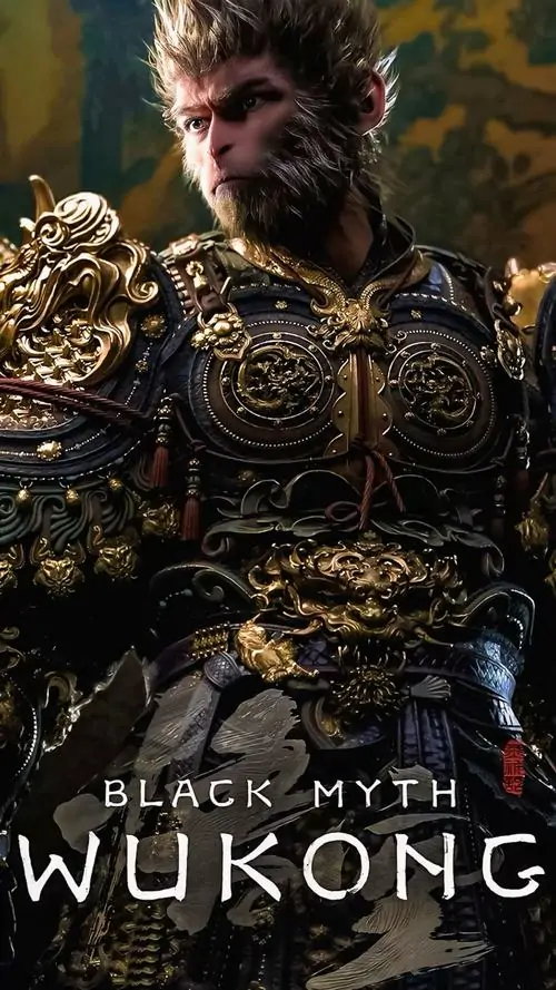 11 Hình dọc Black Myth Wukong mang phong cách poster với chân dung chiến binh tóc rối lớp lông khỉ nổi rõ trên nền rừng tối
