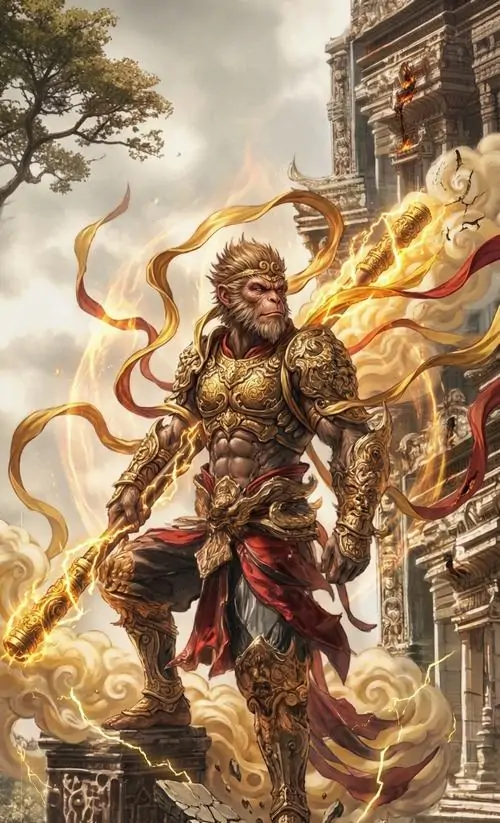 12 Ảnh nền máy tính Hắc Thần Thoại Ngộ Không ghi cảnh nhân vật đứng giữa phố cổ vệt lửa quấn quanh thân tạo cảm giác chuyển động dứt khoát