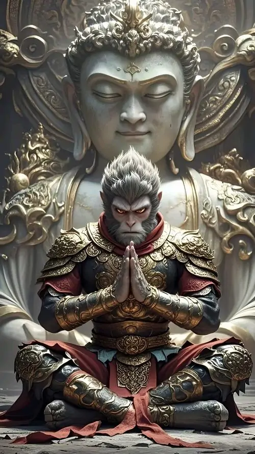 13 Hình khóa màn hình Black Myth Wukong khắc họa dáng ngồi thiền trước tượng đá lớn nền cảnh cổ xưa làm tổng thể thêm nghệ thuật