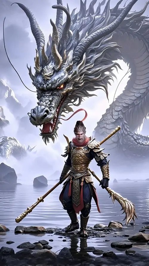 14 Ảnh nền game Black Myth Wukong đặt chiến binh giữa nền tuyết lạnh khi yêu quái rồng lao xuống từ trời cao tạo khung hình siêu thực