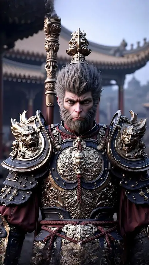 15 Hình nền dọc Hắc Thần Thoại Ngộ Không cận chân dung chiến binh trong sân đền chùa cổ ánh sáng viền làm gương mặt càng thêm uy nghi