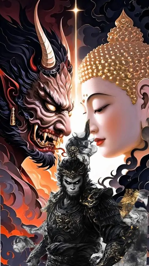 16 Ảnh poster Black Myth Wukong ghép nửa mặt quỷ dữ và nửa mặt mỹ nhân trên nền tối tạo cảm giác thần thoại tái hiện rất lạ