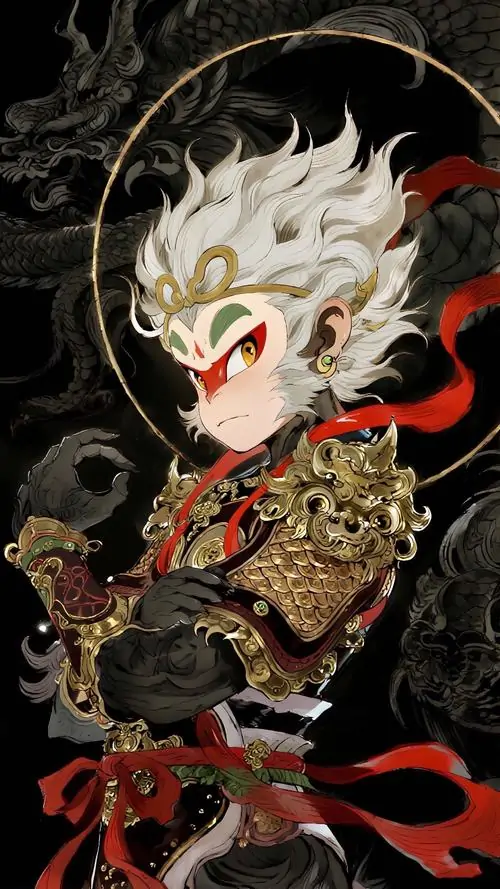 17 Hình nền ngầu Black Myth Wukong dùng tạo hình mặt nạ khỉ trắng mắt đỏ cùng dải vải bay làm điểm nhấn nổi bật và bí ẩn