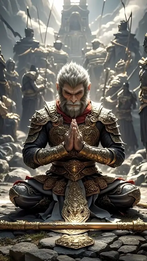 18 Ảnh nền nghệ thuật Hắc Thần Thoại Ngộ Không mô tả nhân vật chắp tay giữa phế tích đá ánh sáng lạnh phủ lên giáp trụ đầy nội lực