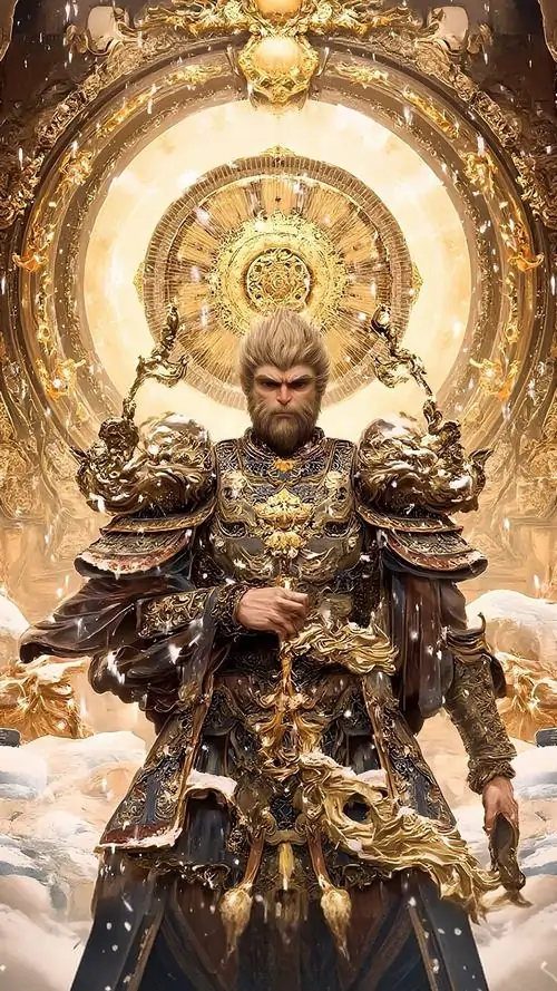 1 Hình Black Myth Wukong dựng Thiên Mệnh Nhân giữa vòng sáng vàng uy nghi giáp trụ chạm nổi tạo cảm giác linh thiêng và hùng vĩ