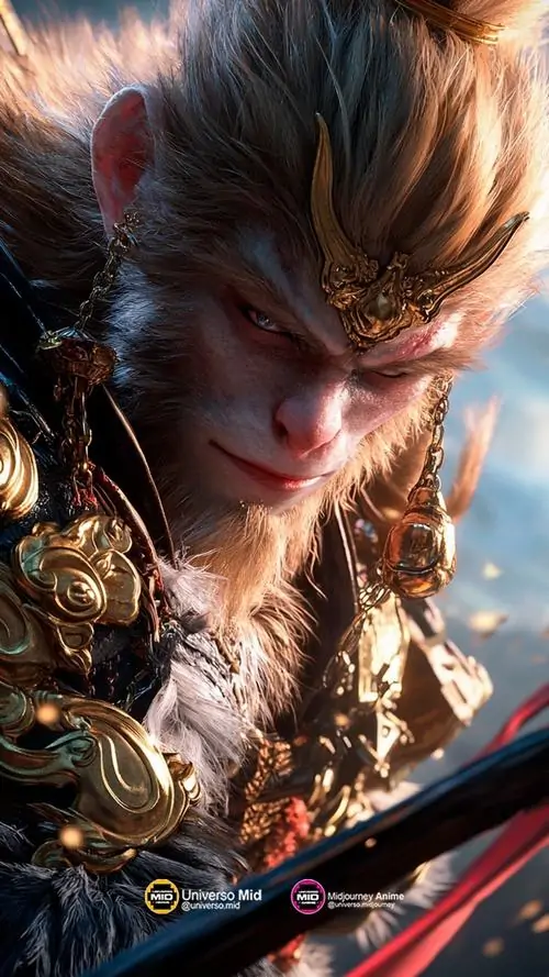 19 Hình nền siêu nét Black Myth Wukong bắt cận gương mặt chiến binh nghiêng xuống cây gậy sắt bừng sáng trong khung cảnh cổ phong