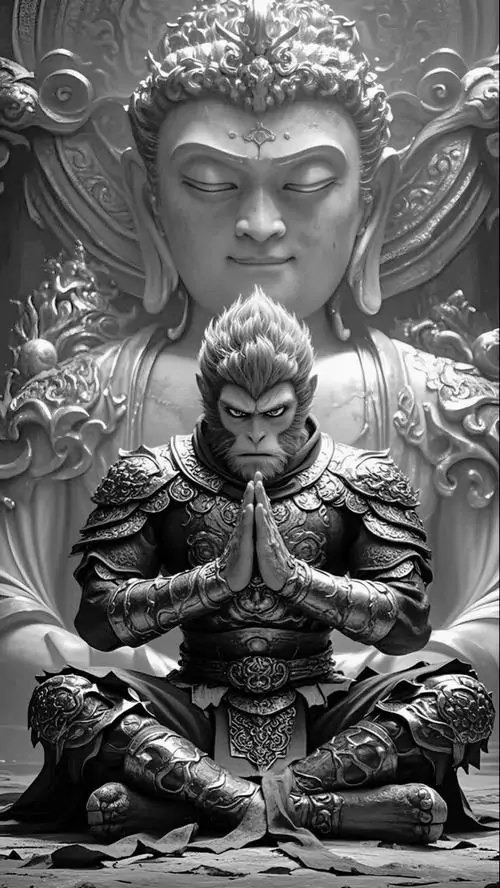 20 Ảnh nền cổ phong Black Myth Wukong lặp lại tư thế ngồi thiền trước tượng lớn với vẻ tĩnh lặng hiếm thấy và chiều sâu điện ảnh