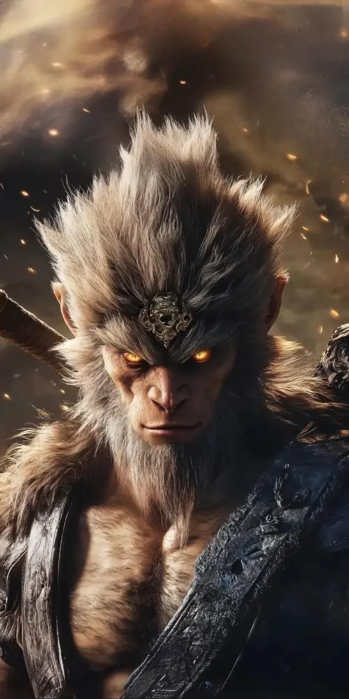 26 Ảnh nền HD Hắc Thần Thoại Ngộ Không khai thác vẻ mạnh mẽ từ khối lửa xoáy quanh chiến binh khiến bố cục dọc thêm mãn nhãn