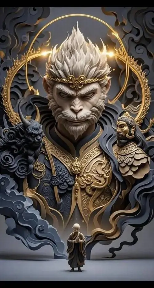 28 Hình nền điện thoại Hắc Thần Thoại Ngộ Không tập trung gương mặt chắp tay trước tượng lớn với thẩm mỹ điện ảnh và sắc độ xanh lạnh