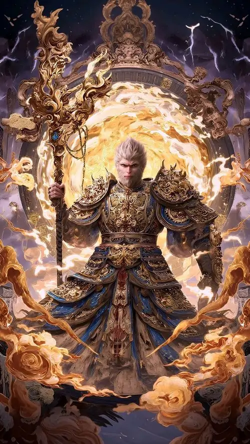 2 Ảnh nền Black Myth Wukong bắt trọn chiến binh khỉ bước ra từ hào quang xoáy mạnh ánh sáng điện ảnh phủ dày lên toàn thân