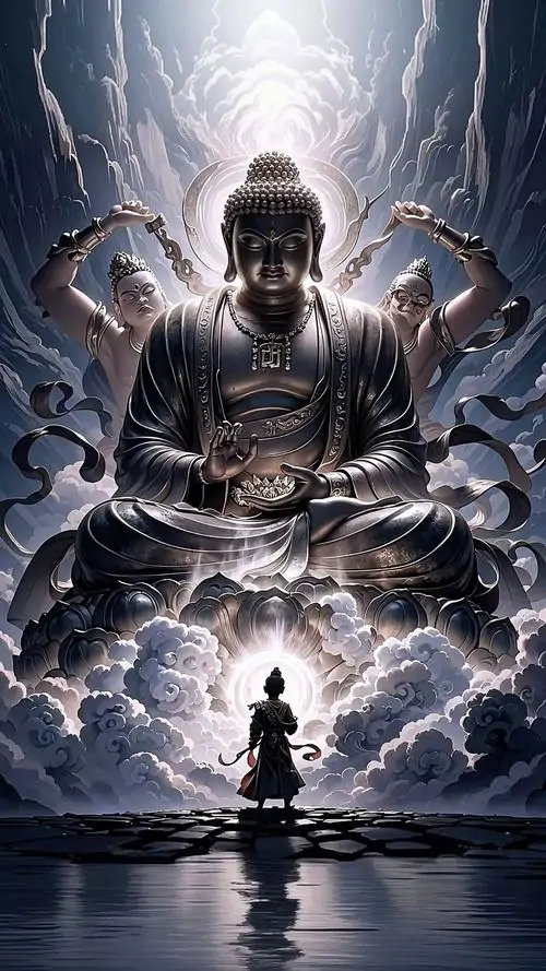 7 Hình nền điện thoại Black Myth Wukong cho thấy pho tượng ngồi thiền giữa sấm sáng lớp sương mờ phủ quanh tạo vẻ bí ẩn rất sâu